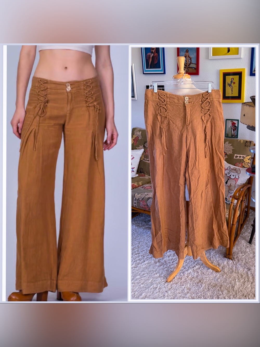 Wide Leg Pants | Elevenses | gold | linen | 10 | S M | Anthropologie | Retro